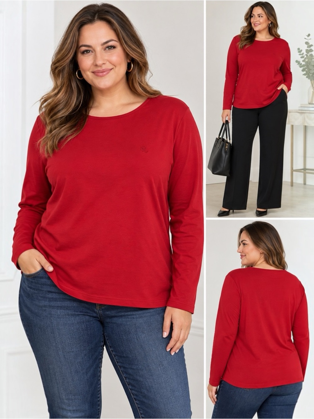 Lauren Ralph Lauren Womens 3X Red Long Sleeve Crewneck Cotton Stretch LRL Logo